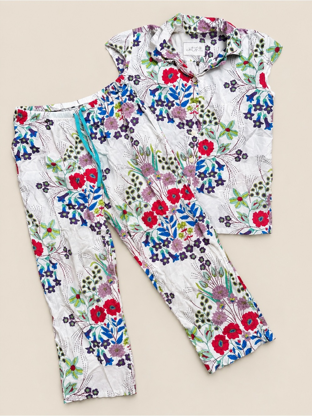 The cats pajamas Floral Pajama Set - Red & Blue Flowers women’s small